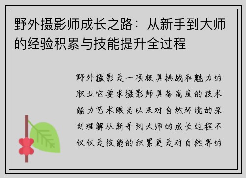 野外摄影师成长之路：从新手到大师的经验积累与技能提升全过程